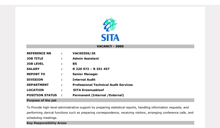 SITA Admin Assistant Vacancy 2026